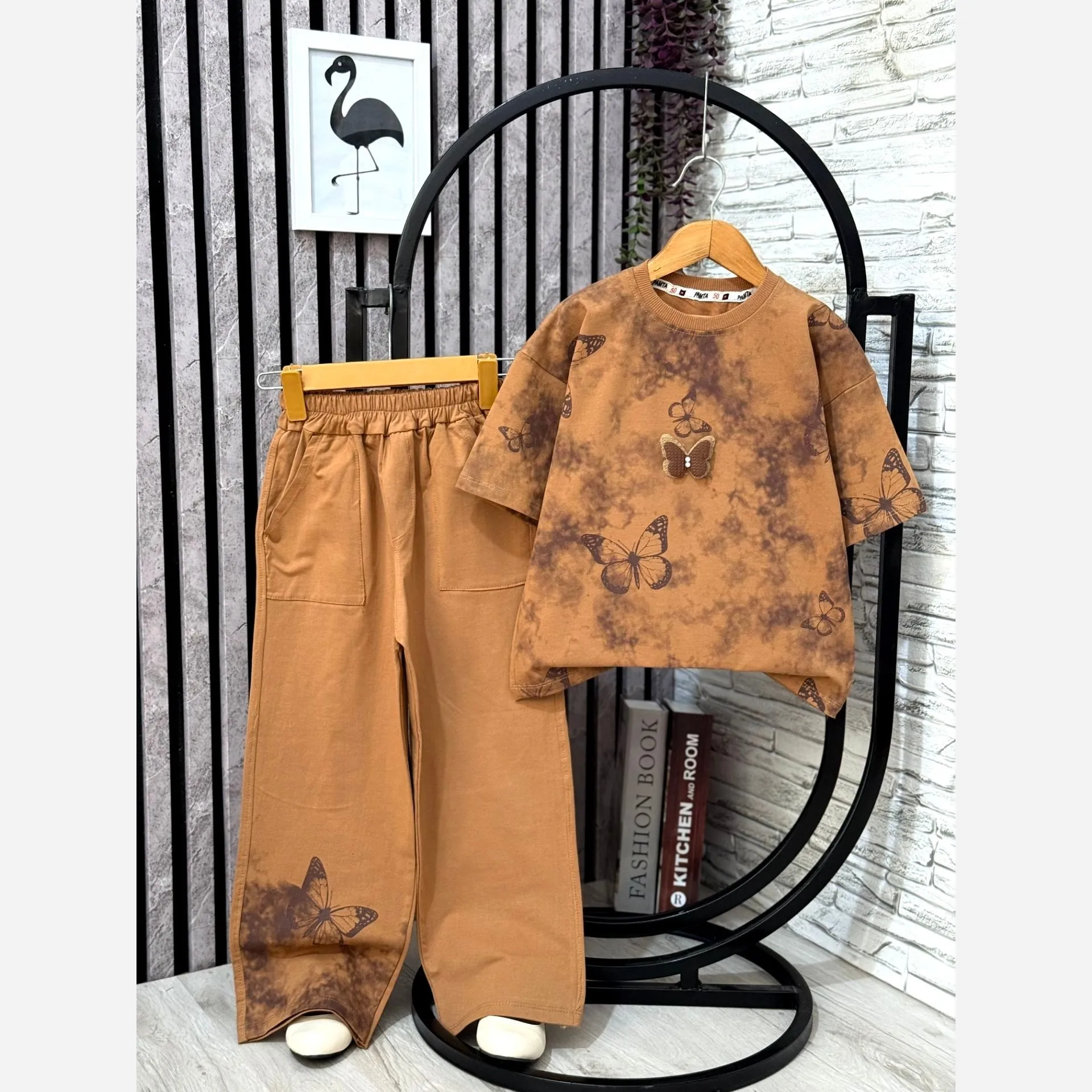 لباس دخترانه طرح پروانه نخ پنبه لاکرا تیشرت و شلوار سایز 50 تا 65